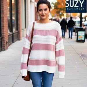 🌺50% off April 🌺Suzy Shier Pink and White Striped Crew Neck Sweater